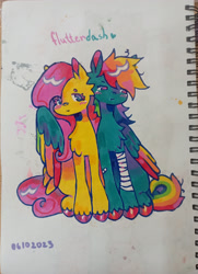 Size: 1635x2253 | Tagged: safe, artist:woofie58_, fluttershy, rainbow dash, pegasus, pony, g4, :t, blushing, colored wings, duo, female, hug, lesbian, mare, ship:flutterdash, shipping, simple background, sitting, traditional art, unshorn fetlocks, winghug, wings