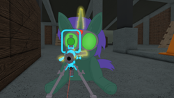 Size: 2560x1440 | Tagged: safe, artist:xada, oc, oc:harmonious percussion, pony, unicorn, bipod, concrete, construction site, crate, game screencap, goggles, gun, hooves, horn, laser, lying down, magic, night, night vision goggles, prone, rifle, roblox, scope, sniper rifle, solo, telekinesis, traffic cone, weapon