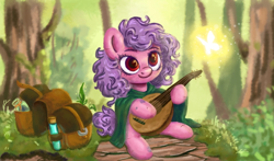 Size: 1566x920 | Tagged: safe, artist:just_yuki, oc, oc only, butterfly, earth pony, pony, bag, forest, lute, magic, nature, playing, purple hair, purple mane, red eyes, saddle bag, scar, sitting, smiling, solo, tree