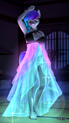 Size: 1080x1920 | Tagged: safe, artist:anthroponiessfm, oc, oc:aurora starling, anthro, plantigrade anthro, 3d, anthro oc, barefoot, beautiful, braid, breasts, clothes, dress, feet, female, glasses, glowing, heterochromia, jewelry, looking at you, pendant, source filmmaker, sparkles