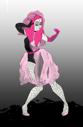 Size: 2944x4470 | Tagged: safe, artist:ponny, pinkie pie, human, bipedal, clothes, crazy face, drawthread, dress, faic, fishnet clothing, fishnet stockings, humanized, insanity, pinkamena diane pie, pointing, pointing at self, requested art, smiling, solo, stockings, thigh highs