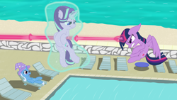 Size: 1920x1080 | Tagged: safe, artist:agreylongma, starlight glimmer, trixie, twilight sparkle, alicorn, unicorn, g4, beach, beach chair, chair, clothes, female, flying, glowing, glowing horn, hat, horn, magic, magic aura, mare, ocean, path, sand, smug, spread wings, swimming pool, telekinesis, trixie's hat, twilight sparkle (alicorn), water, wings