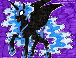 Size: 4289x3285 | Tagged: safe, artist:artistnjc, nightmare moon, alicorn, g4, antagonist, colored, concave belly, ethereal mane, evil smile, raised hoof, sharp teeth, signature, slender, smiling, solo, spread wings, teeth, thin, traditional art, villainess, white eyes, wings