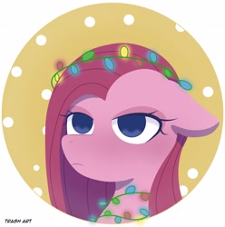 Size: 2028x2048 | Tagged: safe, artist:eltrash_art6, pinkie pie, earth pony, pony, g4, christmas, christmas lights, female, holiday, icon, mare, pinkamena diane pie, pinkie pie is not amused, snow, solo, unamused