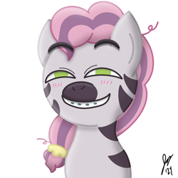 Size: 2048x2048 | Tagged: safe, artist:jesslmc16, idw, skye, zebra, g5, my little pony: skye's secret, anya forger, braces, bust, female, filly, foal, looking at you, parody, portrait, simple background, smiling, smiling at you, solo, spy x family, white background