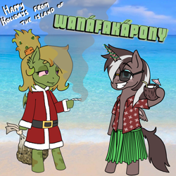 Size: 2160x2160 | Tagged: safe, artist:traphousefluttershy, oc, oc only, alicorn, bat pony, beach, christmas, clothes, coconut cup, costume, drugs, grass skirt, happy holidays, holiday, marijuana, real life background, santa costume, skirt