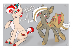 Size: 2351x1567 | Tagged: safe, artist:elinetic, oc, oc only, bat pony, cookie pony, deer, deer pony, food pony, hybrid, original species, pony, adoptable, bat pony oc, bat wings, candy, candy cane, cloven hooves, coat markings, colored ear fluff, colored hooves, colored wings, cookie, deer pony oc, food, hoof on chest, hooves, looking at you, mouth hold, signature, spread wings, tail, two toned eyes, two toned mane, two toned tail, walking, wings