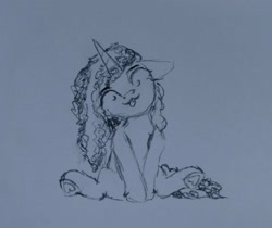 Size: 2045x1715 | Tagged: safe, artist:gangrene, misty brightdawn, pony, unicorn, g5, :p, doodle, female, grayscale, horn, mare, monochrome, solo, tongue out, traditional art