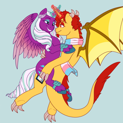 Size: 3000x3000 | Tagged: safe, artist:syniedraw, opaline arcana, oc, alicorn, dragon, g5, canon x oc, dragon oc, duo, female, hug, mare, non-pony oc, self insert, shipping