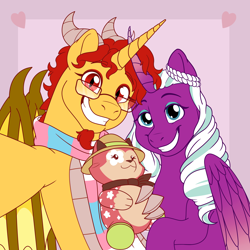 Size: 3000x3000 | Tagged: safe, artist:syniedraw, opaline arcana, oc, alicorn, dragon, g5, canon x oc, dragon oc, duo, female, mare, non-pony oc, self insert, shipping