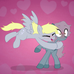 Size: 1280x1280 | Tagged: safe, artist:brynnstic, derpibooru exclusive, derpy hooves, oc, oc:moonrise glimmers, pegasus, pony, g4, blue coat, canon x oc, cutie mark, female, flying, gray coat, hug, lesbian, purple mane, style emulation, wings, yellow mane