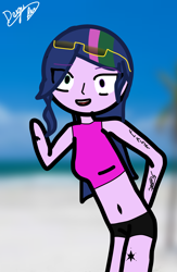 Size: 2814x4312 | Tagged: safe, alternate version, artist:degupr, twilight sparkle, alicorn, human, unicorn, anthro, equestria girls, g4, alternate hairstyle, amazon sparkle, bahia, beach, brazil, clothes, digital art, firealpaca, glasses, horn, humanized, inspired, inspired by another artist, looking at you, short shirt, shorts, signature, solo, tattoo, twilight sparkle (alicorn)