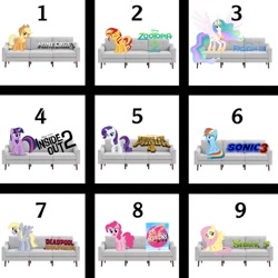 Size: 640x640 | Tagged: safe, artist:faultapprehensive574, applejack, derpy hooves, fluttershy, pinkie pie, princess celestia, rainbow dash, rarity, sunset shimmer, twilight sparkle, alicorn, earth pony, pegasus, pony, unicorn, g4, barbie, barbie (film), couch, deadpool and wolverine, female, frozen (movie), frozen 3, horn, inside out, inside out 2, kung fu panda, kung fu panda 4, mare, minecraft, minecraft movie, shrek, shrek 5, simple background, sonic the hedgehog (series), sonic the hedgehog 3 (film), unicorn twilight, white background, zootopia, zootopia 2