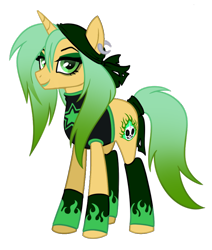 Size: 744x878 | Tagged: safe, artist:byefella, oc, oc only, oc:sin rush, pony, unicorn, arm warmers, bandana, clothes, ear piercing, earring, eyeshadow, female, horn, jewelry, lipstick, makeup, mare, piercing, shirt, simple background, solo, stockings, tail, tail wrap, thigh highs, transparent background