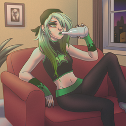 Size: 1415x1419 | Tagged: safe, artist:byefella, oc, oc only, oc:sin rush, human, alcohol, arm warmers, bandana, belly, belly button, bottle, breasts, clothes, couch, drink, drinking, ear piercing, earring, eyeshadow, female, humanized, humanized oc, jewelry, lipstick, makeup, midriff, nail polish, pants, piercing, shirt, socks, solo, sweatpants