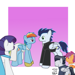 Size: 750x750 | Tagged: safe, artist:99999999000, rainbow dash, rarity, rumble, scootaloo, soarin', pegasus, pony, g4, colt, female, filly, foal, male, mare, marriage, ship:soarindash, shipping, stallion, straight, wedding