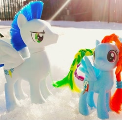 Size: 720x709 | Tagged: safe, rainbow dash, soarin', pegasus, pony, g4, female, male, mare, outdoors, ship:soarindash, shipping, snow, stallion, straight, toy