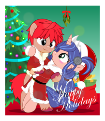 Size: 4333x5000 | Tagged: safe, artist:jhayarr23, earth pony, pony, unicorn, adol christin, christmas, christmas tree, commission, dana iclucia, female, hat, holiday, horn, indoors, male, mare, mistletoe, ponified, santa hat, stallion, tree, ys, ys viii