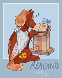 Size: 4320x5400 | Tagged: safe, artist:jennyfire, oc, oc:golden flare, pegasus, pony, bandage, book, broken bone, broken wing, cast, colored hooves, colored wings, commission, earpods, freckles, hooves, injured, male, music, nonbinary, passepartout, pegasus oc, ponified, reading, short tail, sling, species swap, stallion, tail, unshorn fetlocks, wings