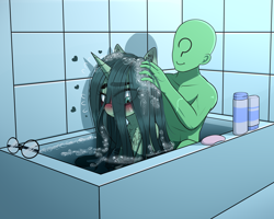 Size: 4000x3205 | Tagged: safe, artist:dibujito, oc, oc:anon, oc:nori, human, pony, unicorn, bags under eyes, bath, bathing together, bathroom, bathtub, blushing, chest fluff, conditioner, cute, glasses, horn, neet, shampoo, soap, water