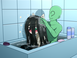 Size: 3848x2920 | Tagged: safe, artist:dibujito, edit, oc, oc:anon, oc:floor bored, bags under eyes, bath, bathing together, bathroom, bathtub, blushing, chest fluff, conditioner, cute, glasses, neet, shampoo, soap, water