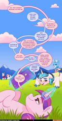 Size: 3168x6143 | Tagged: safe, artist:haruh_ink, artist:lummh, chancellor neighsay, princess cadance, shining armor, alicorn, pony, unicorn, comic:the princess of love, g4, book, comic, crouching, cute, cutedance, female, grass, horn, levitation, lying down, magic, male, mare, mountain, on back, outdoors, shining adorable, sky, speech bubble, stallion, teen princess cadance, teenage shining armor, telekinesis, younger