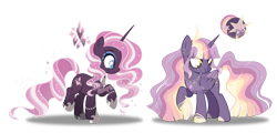 Size: 1280x612 | Tagged: safe, artist:dixieadopts, oc, oc only, oc:dreamweaver bloom, oc:prismatic spell, alicorn, pony, unicorn, female, horn, magical lesbian spawn, mare, offspring, parent:fluttershy, parent:rainbow dash, parent:rarity, parent:twilight sparkle, parents:flarity, parents:twidash, simple background, transparent background