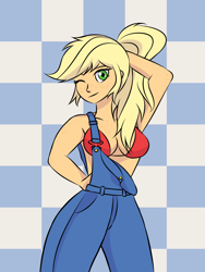 Size: 1500x2000 | Tagged: safe, alternate version, artist:artevi, applejack, human, equestria girls, g4, arm behind head, bikini, checkered background, clothes, freckles, hand on hip, hatless, looking at you, missing accessory, overalls, ponytail, solo, swimsuit