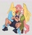 Size: 1743x1895 | Tagged: safe, artist:bunnilily, fluttershy, rainbow dash, human, g4, blushing, clothes, crossed arms, cute, dashabetes, duo, duo female, eyebrows, eyebrows visible through hair, female, hug, hug from behind, humanized, lesbian, light skin, long hair, looking sideways, muscles, muscular female, open mouth, open smile, rainbuff dash, ship:flutterdash, shipping, shoes, shorts, shyabetes, skirt, smiling, sneakers, spread legs, spreading, tan skin, tsunderainbow, tsundere, winged humanization, wings