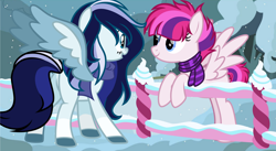 Size: 1920x1055 | Tagged: safe, artist:tkn297, oc, oc only, oc:pink gidgit, pegasus, pony, g4, base used, clothes, duo, duo female, female, fence, mare, outdoors, scarf, snow, snowfall, striped scarf