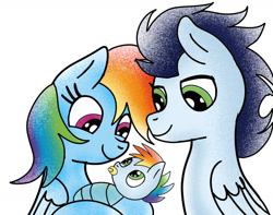 Size: 1280x1007 | Tagged: safe, artist:mrsdashskies, rainbow dash, soarin', oc, oc:rainbow blitz, pegasus, pony, g4, baby, baby pony, colt, female, foal, male, mare, offspring, parent:rainbow dash, parent:soarin', parents:soarindash, ship:soarindash, shipping, stallion, straight