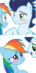 Size: 1338x2702 | Tagged: source needed, safe, artist:paracetamolnavo30, rainbow dash, soarin', pegasus, pony, g4, blushing, comic, female, looking at each other, looking at someone, male, mare, ship:soarindash, shipping, smiling, smiling at each other, stallion, straight