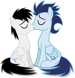 Size: 5267x5463 | Tagged: safe, artist:creedyboy124, soarin', oc, oc:shane park, pegasus, pony, g4, canon x oc, eyes closed, folded wings, gay, kissing, male, males only, pegasus oc, shipping, simple background, sitting, stallion, wings