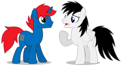 Size: 9385x5139 | Tagged: safe, artist:creedyboy124, oc, oc only, oc:shane park, oc:train track, pegasus, pony, unicorn, horn, male, pegasus oc, simple background, stallion, unicorn oc, wings