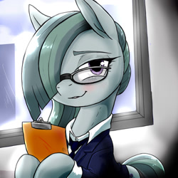 Size: 1024x1024 | Tagged: safe, artist:a.s.e, marble pie, earth pony, pony, g4, blushing, city, clipboard, clothes, cute, female, glasses, hair over one eye, looking at someone, marblebetes, mare, office lady, secretary, smiling, solo