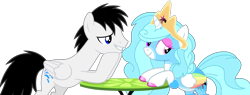 Size: 8835x3361 | Tagged: safe, artist:creedyboy124, artist:jemimasparkle, oc, oc only, oc:jemimasparkle, oc:shane park, alicorn, pegasus, pony, alicorn oc, horn, pegasus oc, simple background, table, wings