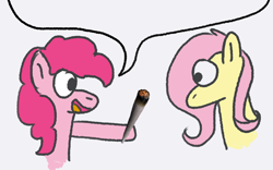 Size: 1334x833 | Tagged: safe, artist:zoeyhorse, fluttershy, pinkie pie, earth pony, pegasus, pony, g4, ask, blunt, description is relevant, drugs, duo, duo female, female, mare, marijuana, pinkie high, simple background, speech bubble, white background