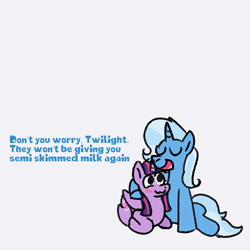 Size: 1437x1435 | Tagged: safe, artist:zoeyhorse, trixie, twilight sparkle, alicorn, pony, unicorn, g4, :3, ask, blush sticker, blushing, dialogue, duo, duo female, eyes closed, female, horn, lesbian, lying down, mare, open mouth, open smile, ponyloaf, prone, ship:twixie, shipping, side hug, simple background, smiling, text, twilight sparkle (alicorn), white background