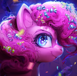 Size: 1893x1869 | Tagged: safe, artist:bananitryi, pinkie pie, earth pony, pony, g4, my little pony: friendship is magic, big eyes, candy, candy in hair, female, food, mare, solo