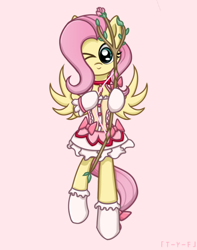 Size: 750x950 | Tagged: safe, artist:taoyvfei, fluttershy, pegasus, pony, g4, bow, bowknot, clothes, cosplay, costume, female, flower, leaf, madoka kaname, magical girl, puella magi madoka magica