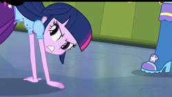 Size: 1170x658 | Tagged: safe, screencap, trixie, twilight sparkle, human, equestria girls, g4, my little pony equestria girls, boots, clothes, duo, high heel boots, indoors, shirt, shoes, skirt, trixie wearing her boots