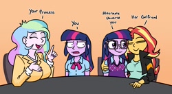 Size: 1820x1000 | Tagged: safe, artist:jargon scott, princess celestia, principal celestia, sci-twi, sunset shimmer, twilight sparkle, human, equestria girls, g4, big breasts, breasts, busty princess celestia, busty sunset shimmer, female, lesbian, loose hair, open mouth, open smile, orange background, pinpoint eyes, purple nail polish, purple nails, ship:sci-twishimmer, ship:sunsetsparkle, shipping, side hug, simple background, smiling, text, twolight