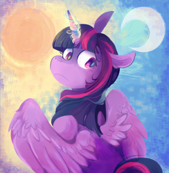 Size: 2072x2120 | Tagged: safe, artist:urbanqhoul, twilight sparkle, alicorn, pony, g4, abstract background, crescent moon, female, frown, glowing, glowing horn, high res, horn, looking back, magic, magic aura, mare, moon, partially open wings, solo, sun, twilight sparkle (alicorn), wings