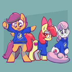 Size: 2048x2048 | Tagged: safe, artist:pfeffaroo, apple bloom, scootaloo, sweetie belle, earth pony, pegasus, pony, unicorn, g4, adorabloom, apple bloom's bow, bipedal, bow, clothes, cute, cutealoo, cutie mark crusaders, cutie mark cuties, diasweetes, female, filly, foal, hair bow, head tilt, high res, hoodie, horn, lidded eyes, looking at self, looking at you, open mouth, open smile, raised hoof, sitting, smiling, spread wings, standing, sweater, tail, the cmc's cutie marks, trio, trio female, wings