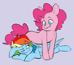 Size: 4530x4009 | Tagged: safe, artist:chub-wub, pinkie pie, rainbow dash, earth pony, pegasus, pony, absurd resolution, duo, duo female, female, floppy ears, folded wings, lesbian, lying down, mare, one eye closed, prone, ship:pinkiedash, shipping, sploot, wings