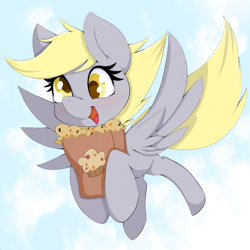 Size: 2048x2048 | Tagged: safe, artist:zokkili, derpy hooves, pegasus, pony, g4, bag, cloud, derp, female, flying, high res, mare, muffin, open mouth, open smile, outdoors, paper bag, sky, smiling, solo, spread wings, that pony sure does love muffins, wings