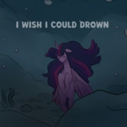 Size: 1080x1080 | Tagged: safe, artist:makaryo, part of a set, twilight sparkle, alicorn, pony, g5, depressed, eyes closed, female, floppy ears, flowing mane, immortality blues, mare, narration, older, older twilight, older twilight sparkle (alicorn), sad, solo, text, twilight sparkle (alicorn), underwater, water