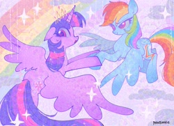 Size: 2048x1480 | Tagged: safe, artist:petaltwinkle, rainbow dash, twilight sparkle, alicorn, pegasus, pony, g4, duo, duo female, female, flying, flying lesson, heart, heart eyes, lesbian, mare, open mouth, outdoors, ship:twidash, shipping, sky, sparkles, spread wings, tail, twilight sparkle (alicorn), wingding eyes, wings