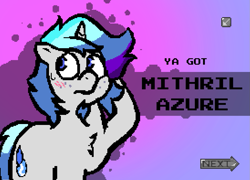 Size: 1097x788 | Tagged: safe, artist:thegemstallion, oc, oc only, oc:mithril azure, pony, unicorn, banned from equestria daily, blue eyes, blushing, gradient background, horn, implied sex, male, solo, splash art, stallion, style emulation, text, ya got