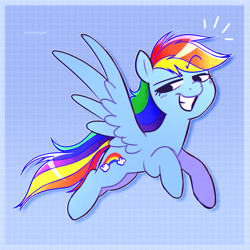 Size: 2500x2500 | Tagged: safe, artist:syrupyyy, rainbow dash, pegasus, pony, g4, abstract background, alternate cutie mark, cute, dashabetes, eyebrows, eyebrows visible through hair, female, flying, grin, high res, lidded eyes, looking back, mare, raised eyebrow, smiling, smug, solo, spread wings, syrupyyy is trying to murder us, wings, wrong cutie mark